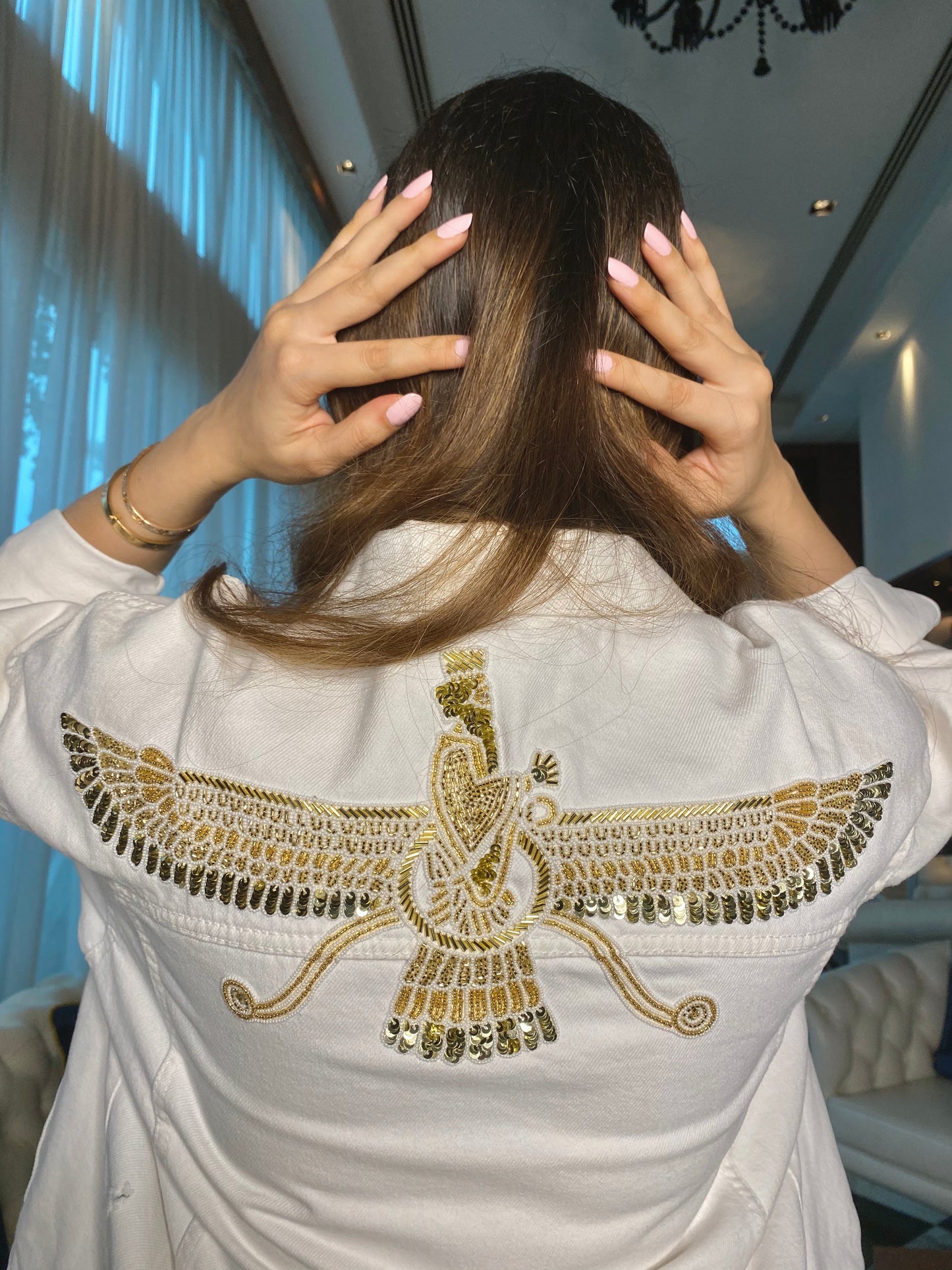 White denim jacket with  Asho farohar hand embroidery