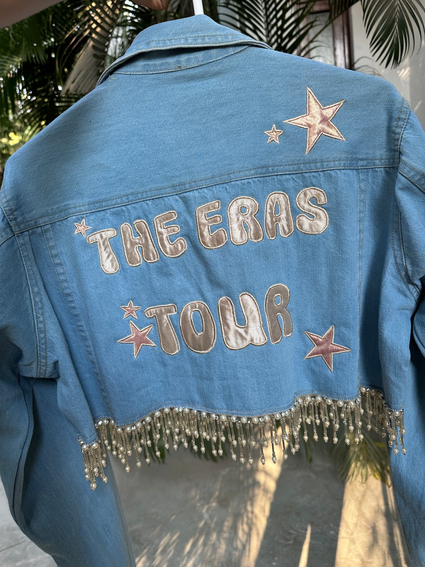 Light blue denim jacket with golden era tour hand embroidery