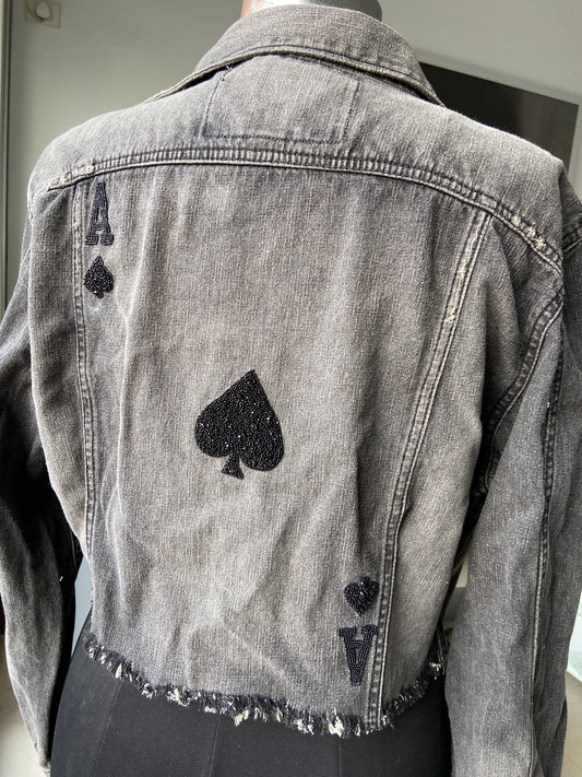 Greay denim jacket with ace of spade embroidery