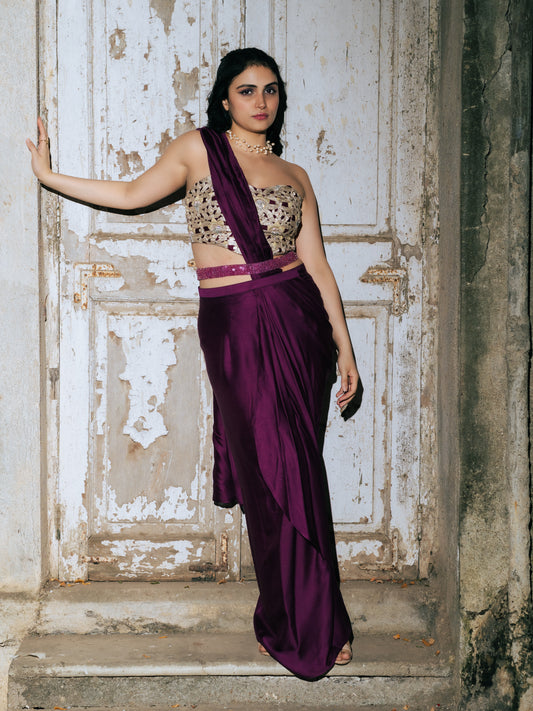 Predraped wine sari and corset