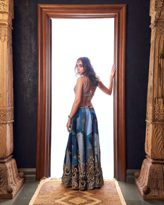 Athena upcycled denim lehenga choli set